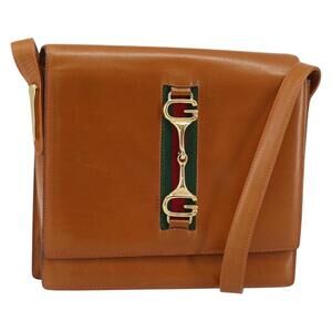 GUCCI Web Sherry Line Horsebit Shoulder Bag Leather Brown Gold Red Auth 159268